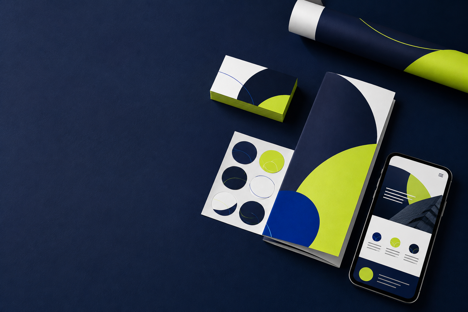 Coordinated business cards, brochure, stickers, banner, and website design
